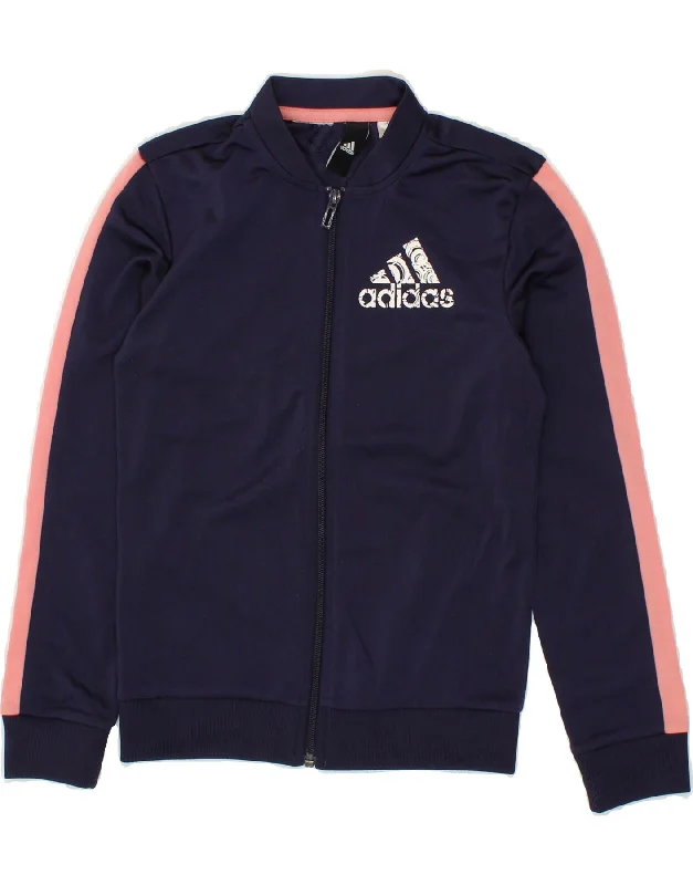 ADIDAS Girls Tracksuit Top Jacket 6-7 Years Navy Blue Colourblock