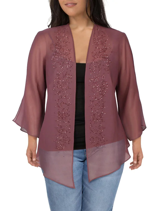 Plus Womens Chiffon Embellished Topper Jacket