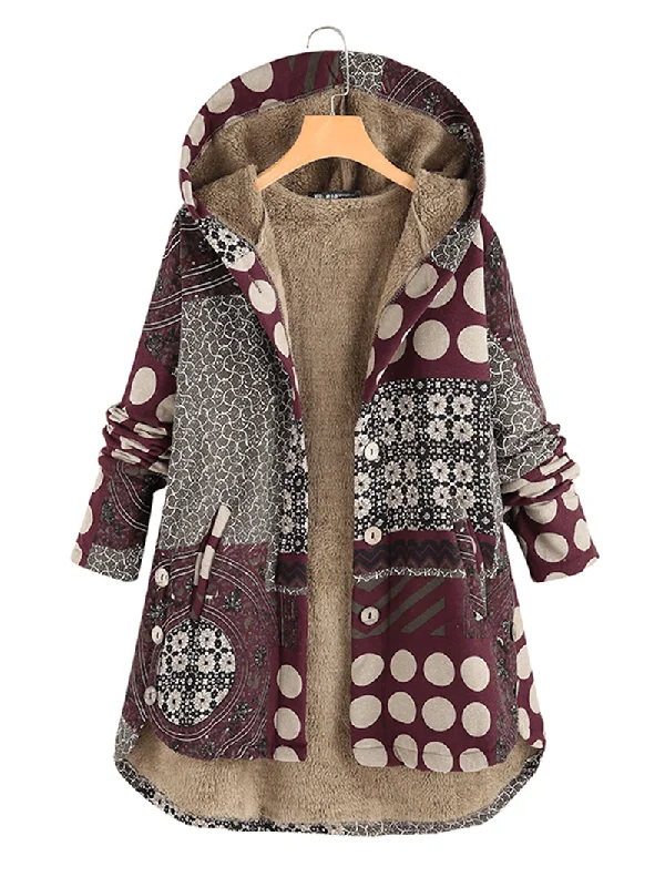 Vintage Women Printed Hooded Button Coats with Pockets