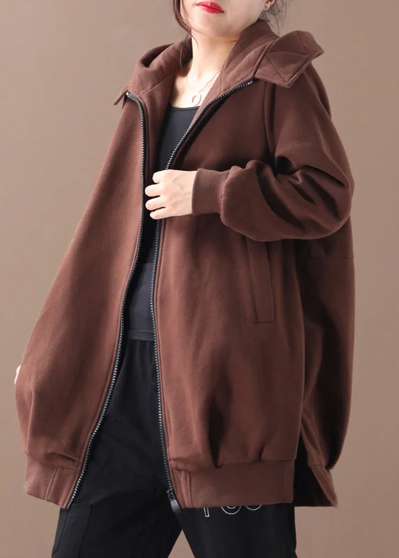 Women Chocolate Zippered Low High Design Hooded Coats Long Sleeve