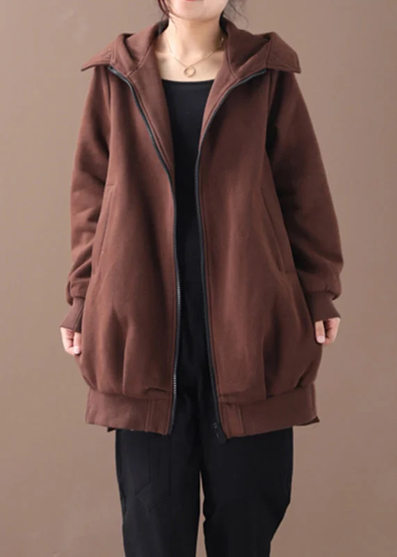 Women Chocolate Zippered Low High Design Hooded Coats Long Sleeve