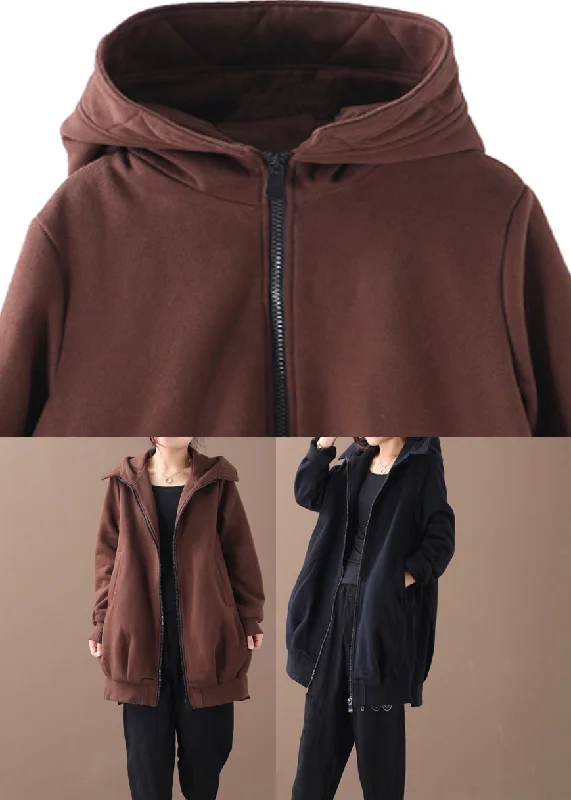 Women Chocolate Zippered Low High Design Hooded Coats Long Sleeve