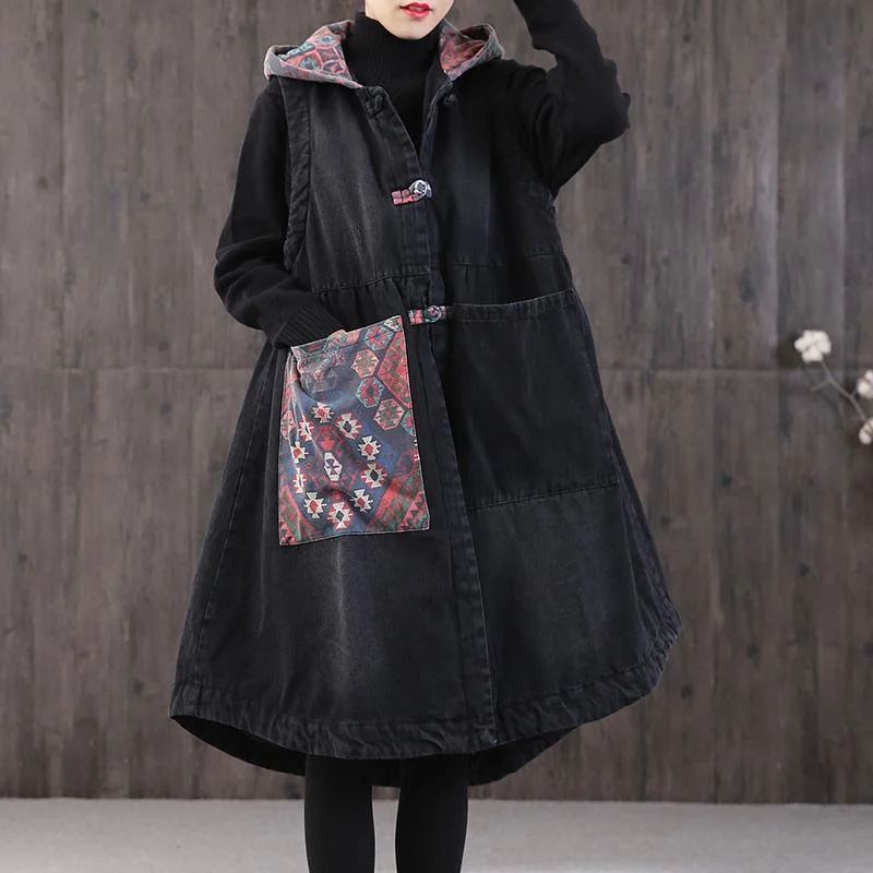 women denim black women parka plus size warm winter coat hooded pockets sleeveless coats