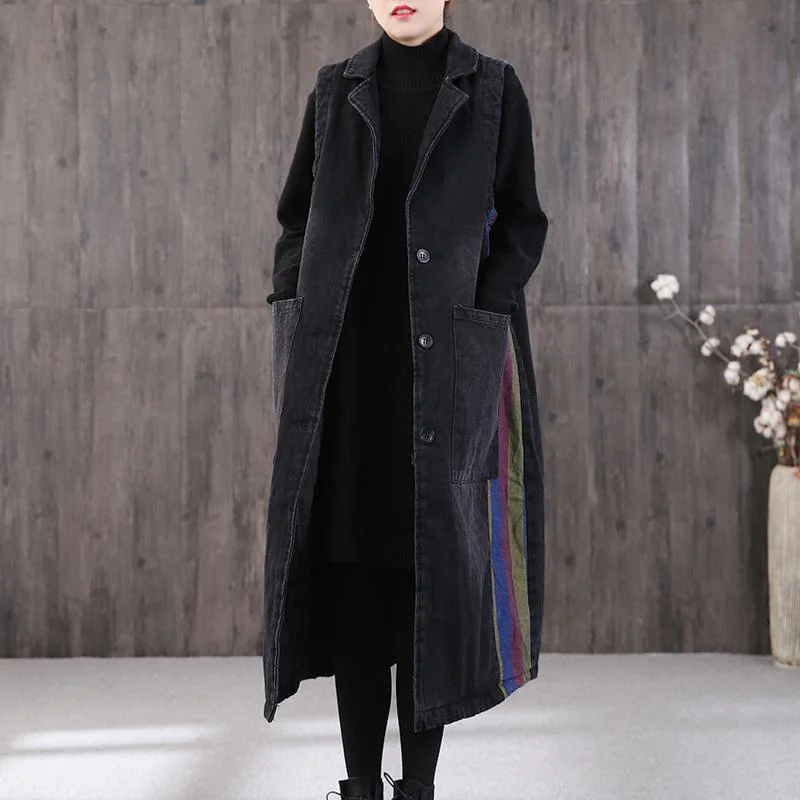 women denim black womens parkas plus size clothing winter outwear Notched Large pockets coats