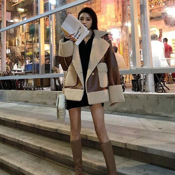 Women Fashion Faux Leather Fashion New Women Pocket Full Sleeve 2020 Winter Patchwork Elegant Loose Coat Top