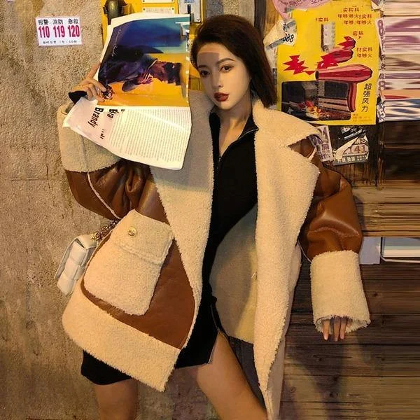 Women Fashion Faux Leather Fashion New Women Pocket Full Sleeve 2020 Winter Patchwork Elegant Loose Coat Top