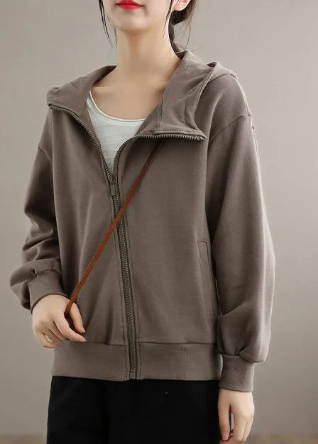 Women Gray Chocolate Fine Coat Shape Hooded Zippered Spring Coats