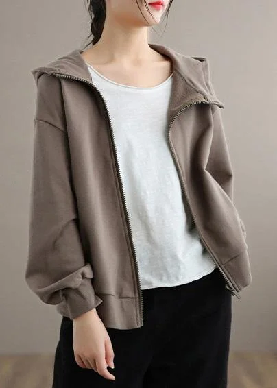 Women Gray Chocolate Fine Coat Shape Hooded Zippered Spring Coats