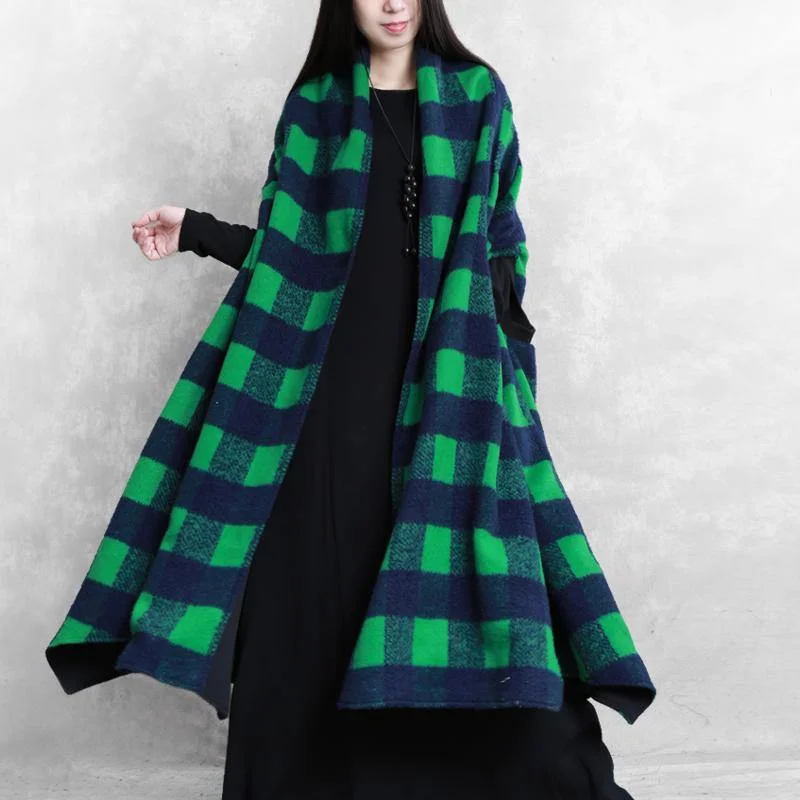 women green plaid wool overcoat casual Coats Batwing Sleeve patchwork