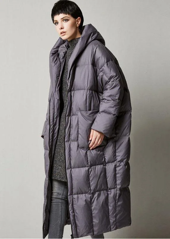 Women Grey Loose hooded long Winter Duck Down down coat