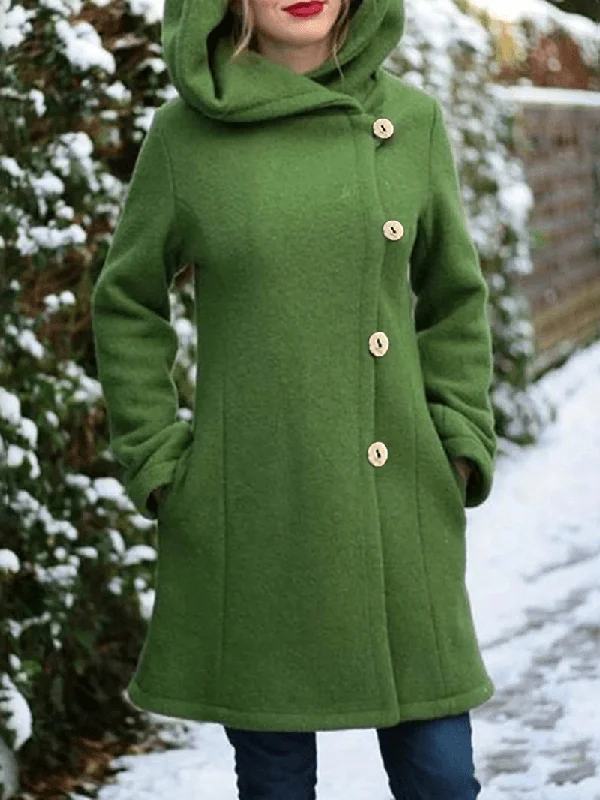 Women Hooded Single-Breasted Pocket Mid-Length Solid Color Warm Coat