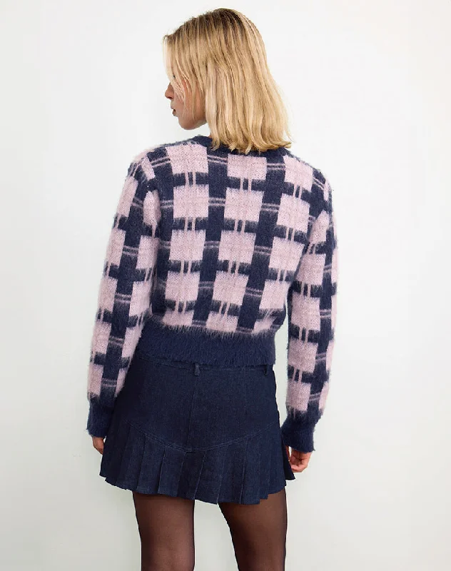 Anzio Button Up Cardi In Multi Check Navy and Pink