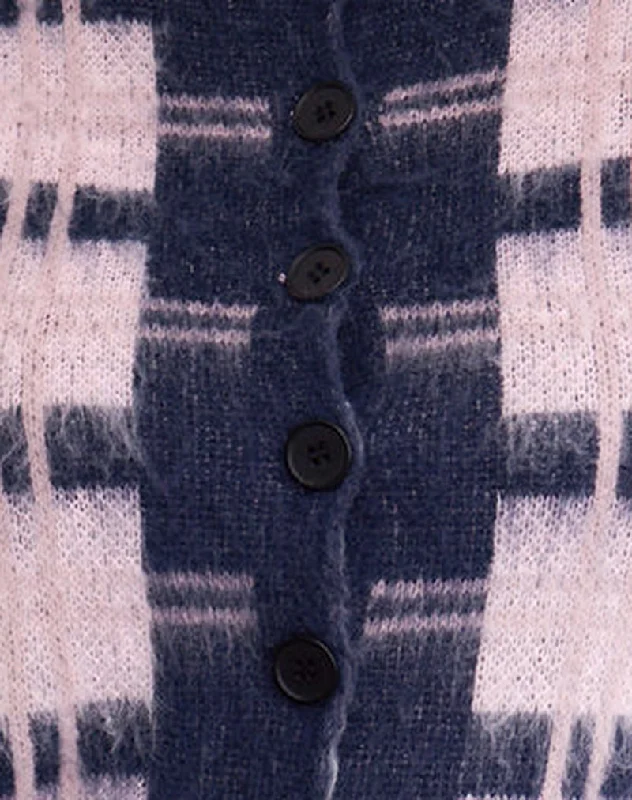 Anzio Button Up Cardi In Multi Check Navy and Pink