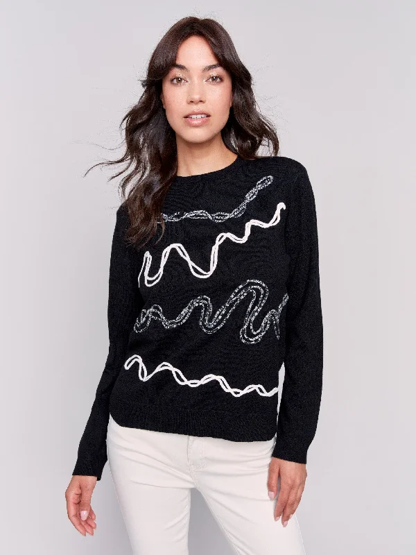 Embroidered Round Hem Sweater - Black