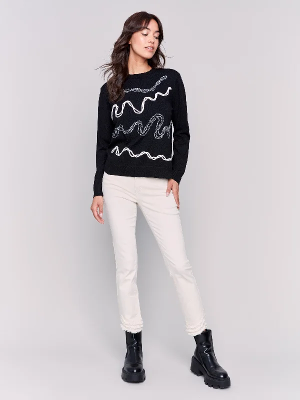 Embroidered Round Hem Sweater - Black