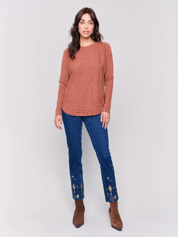 Knit Sweater with Back Detail Lace-Up - Terracotta