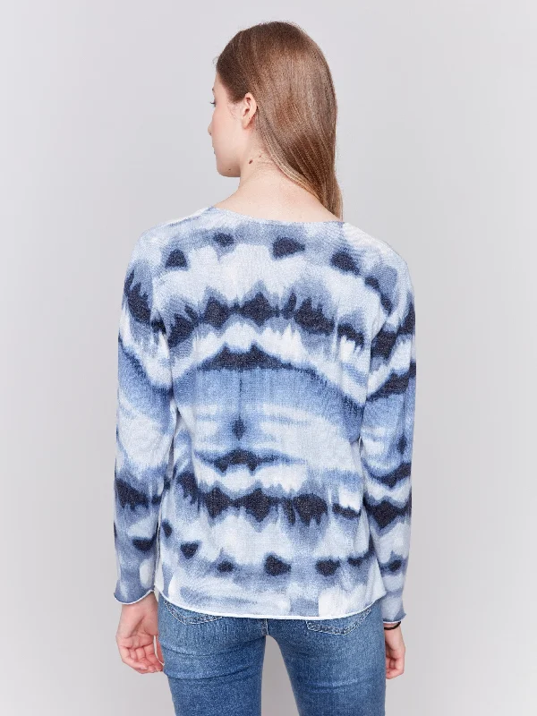 Printed V-Neck Sweater - Navy