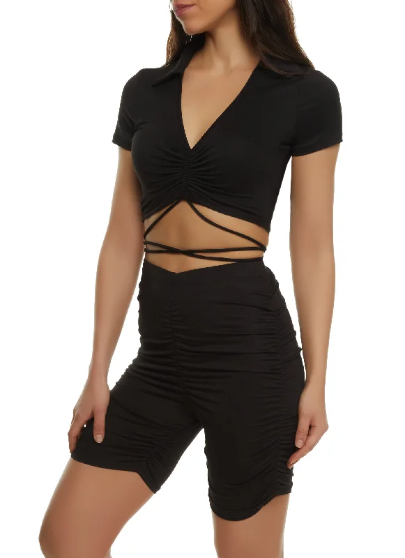 Criss Cross Tie Back Ruched Crop Top