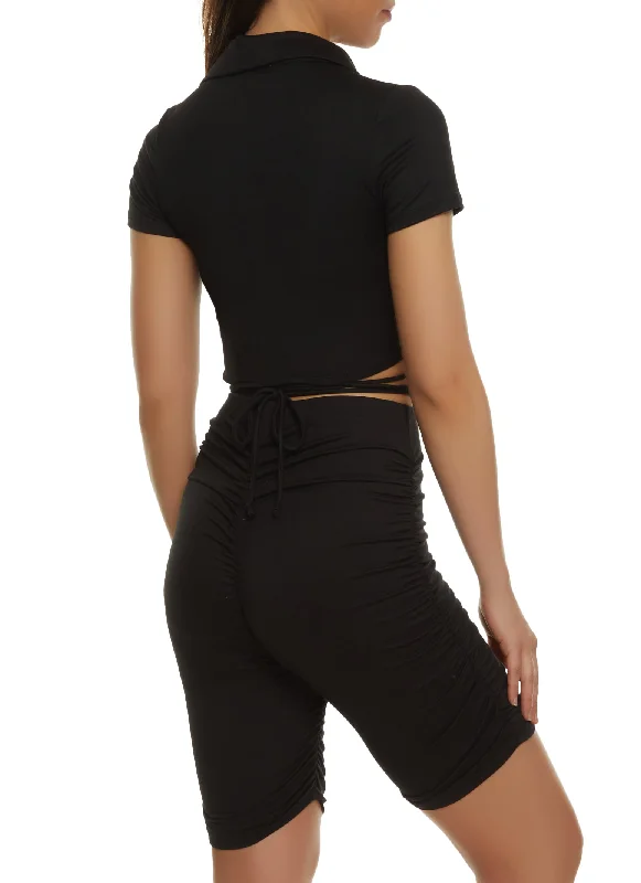 Criss Cross Tie Back Ruched Crop Top