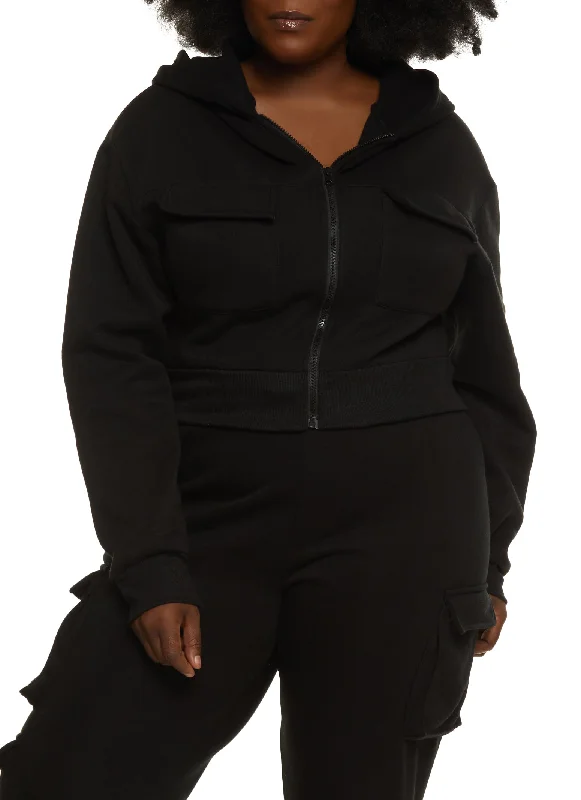 Plus Size Cargo Pocket Cropped Hoodie