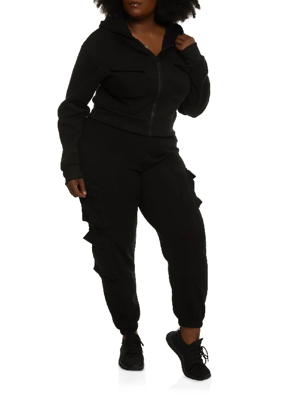 Plus Size Cargo Pocket Cropped Hoodie