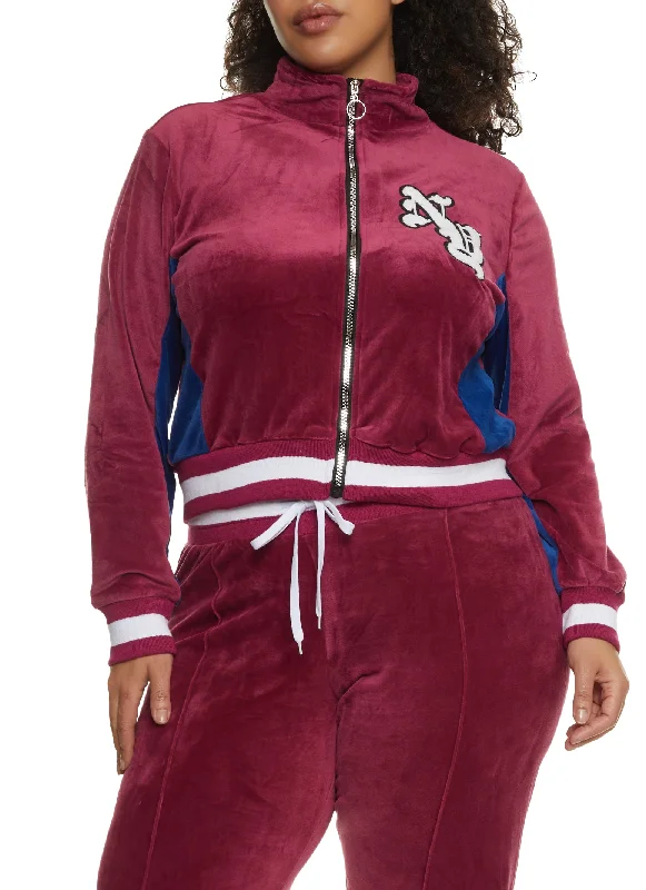 Plus Size NY Chenille Patch Velour Zip Up Sweatshirt