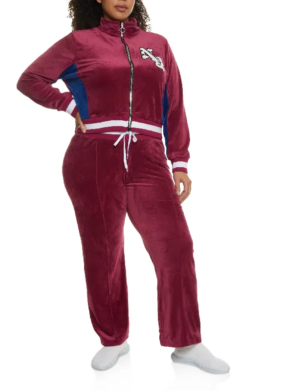 Plus Size NY Chenille Patch Velour Zip Up Sweatshirt