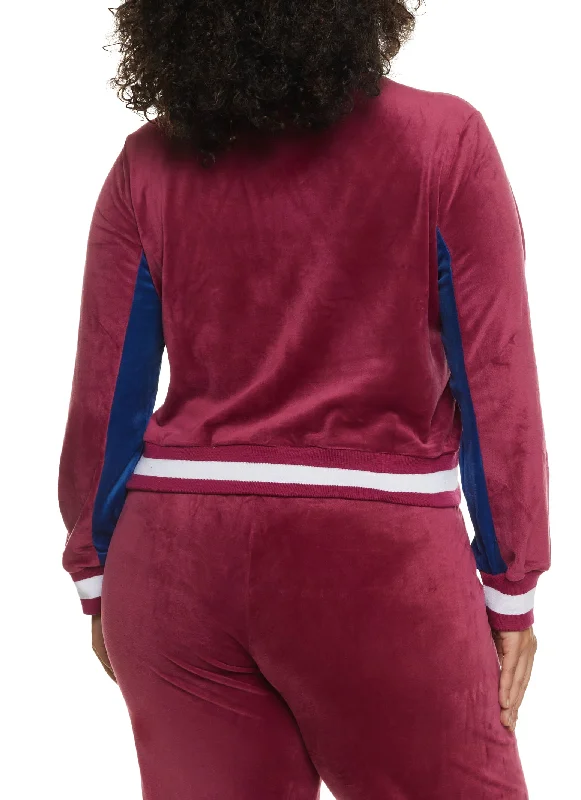 Plus Size NY Chenille Patch Velour Zip Up Sweatshirt