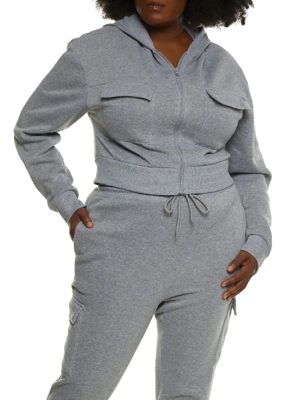 Plus Size Cargo Pocket Cropped Hoodie