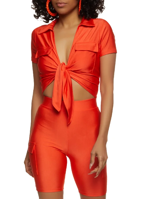 Spandex Flap Pocket Tie Front Crop Top