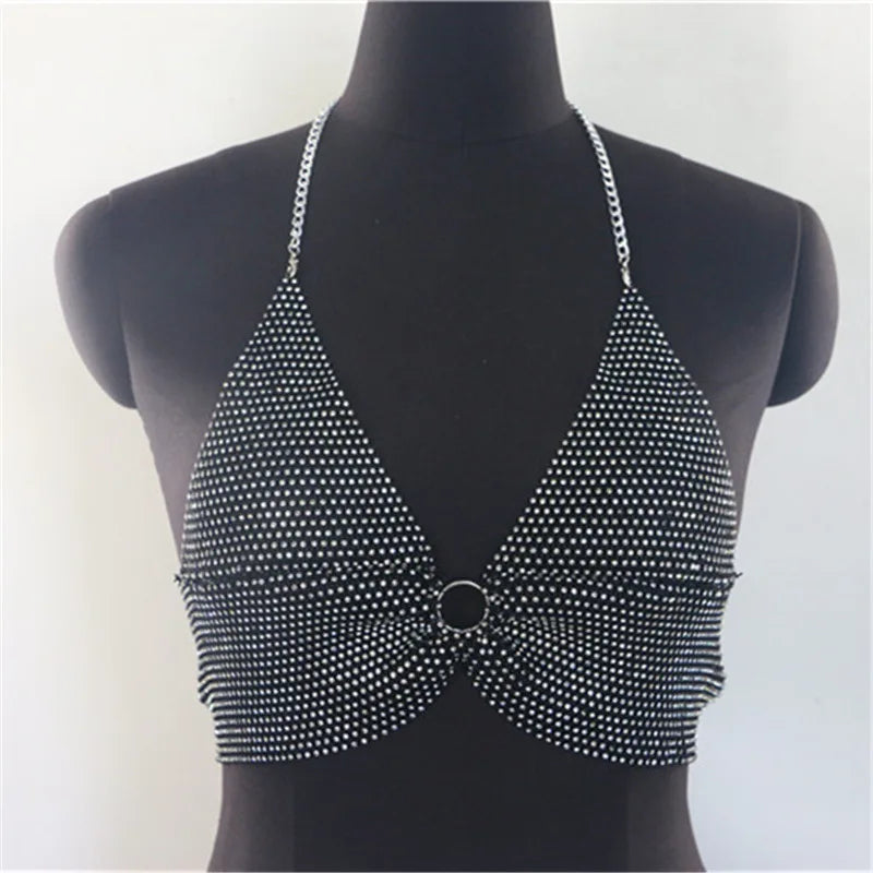 Rhinestones Summer V-Neck Backless Sexy Sparkly Streetwear Y2K Tee Crop Top