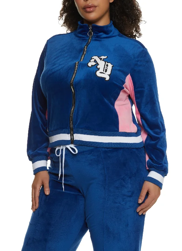 Plus Size NY Chenille Patch Velour Zip Up Sweatshirt