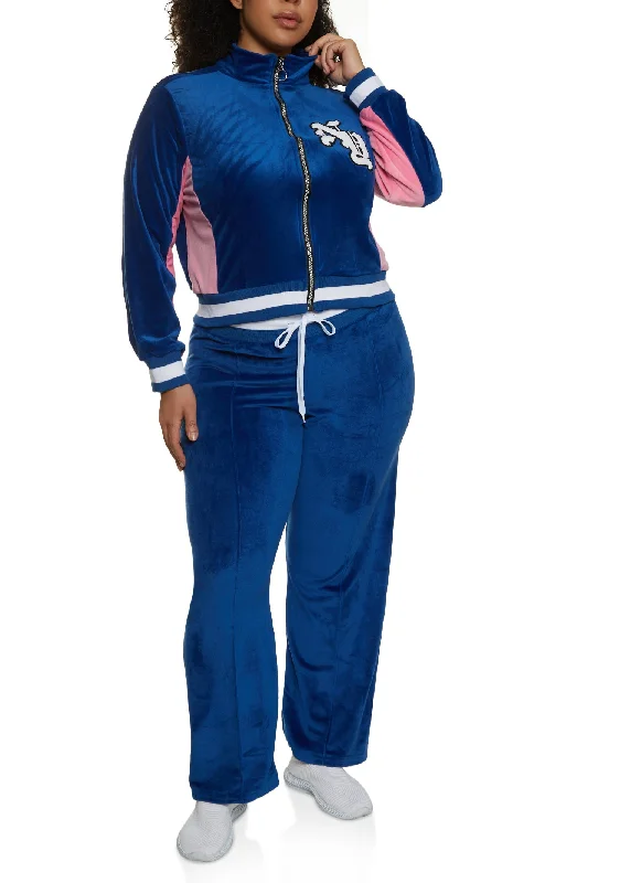 Plus Size NY Chenille Patch Velour Zip Up Sweatshirt