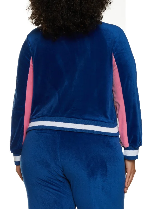 Plus Size NY Chenille Patch Velour Zip Up Sweatshirt