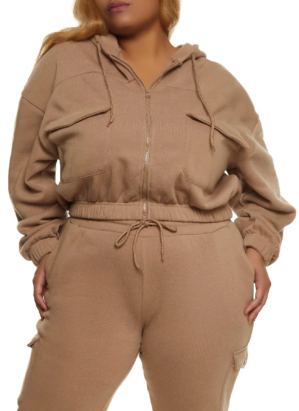 Plus Size Cargo Pocket Zip Front Hoodie