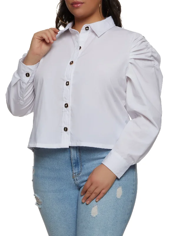 Plus Size Puff Sleeve Button Front Shirt