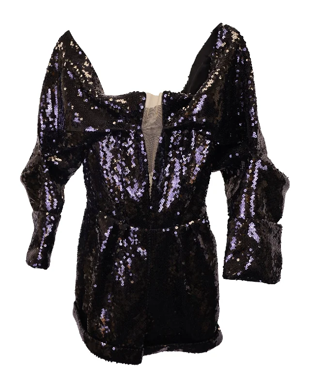 Balmain Off-the-Shoulder Sequined Playsuit in Black Polyester