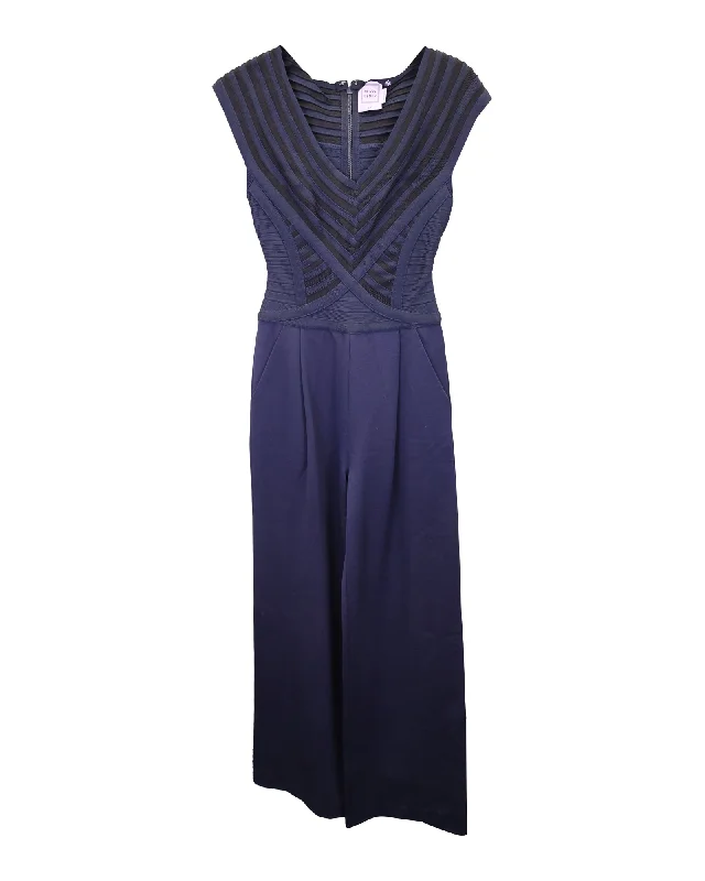 Herve Leger Striped V-neck Jumpsuit in Navy Blue Rayon