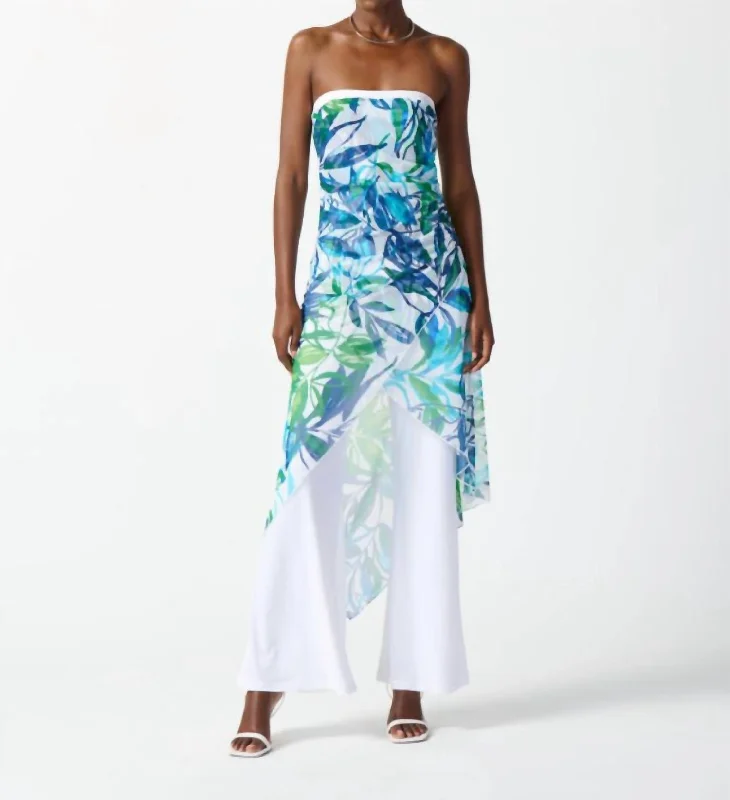 Mesh And Silky Knit Tropical Print Jumpsuit In White