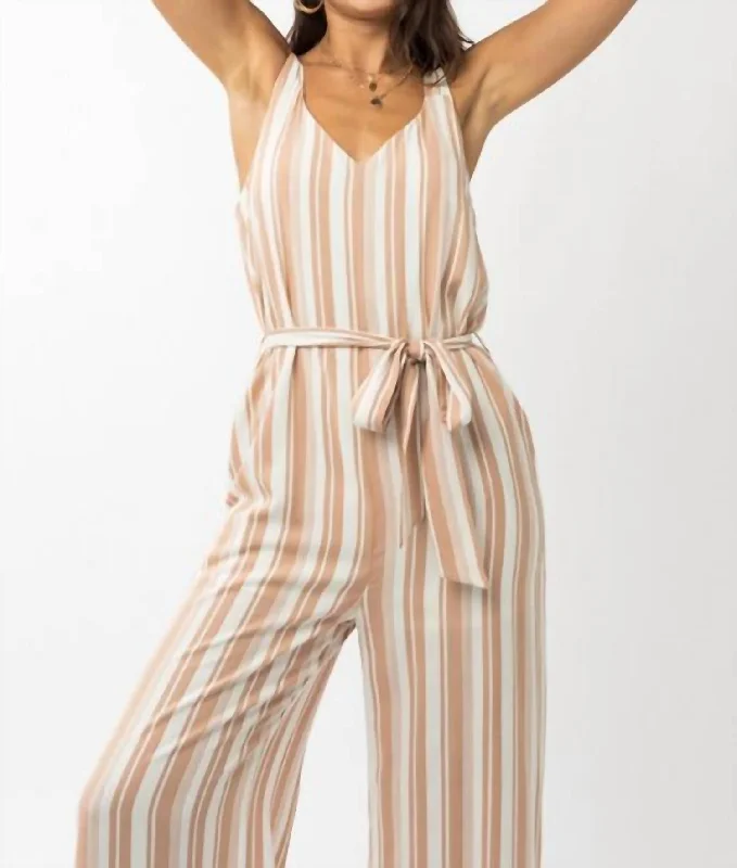 Taupe Striped Jumpsuit In White And Beige