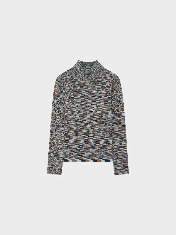 Abstract Stripe Knit Turtleneck-Light Blue/Brown