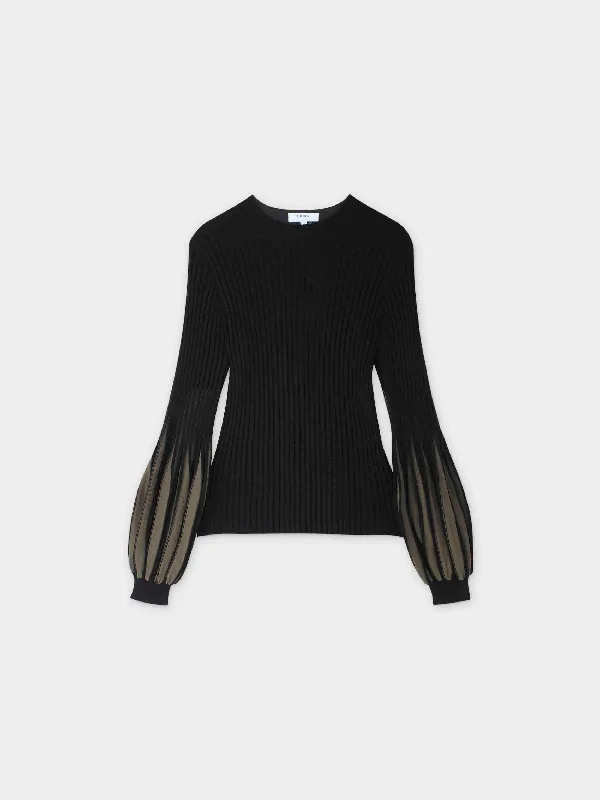 Balloon Sleeve Sweater-Black/Olive