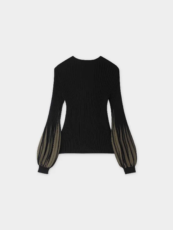 Balloon Sleeve Sweater-Black/Olive