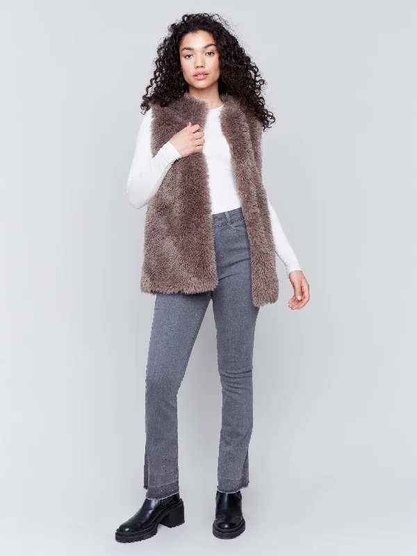 Long Faux Fur Vest - Taupe