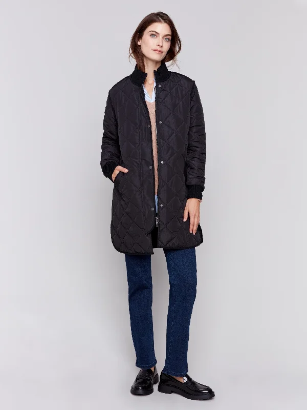 Long Quilted Puffer Jacket - Black