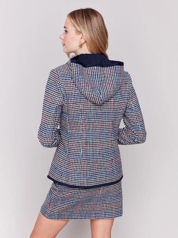 Plaid Woven Blazer with Hood - Almond