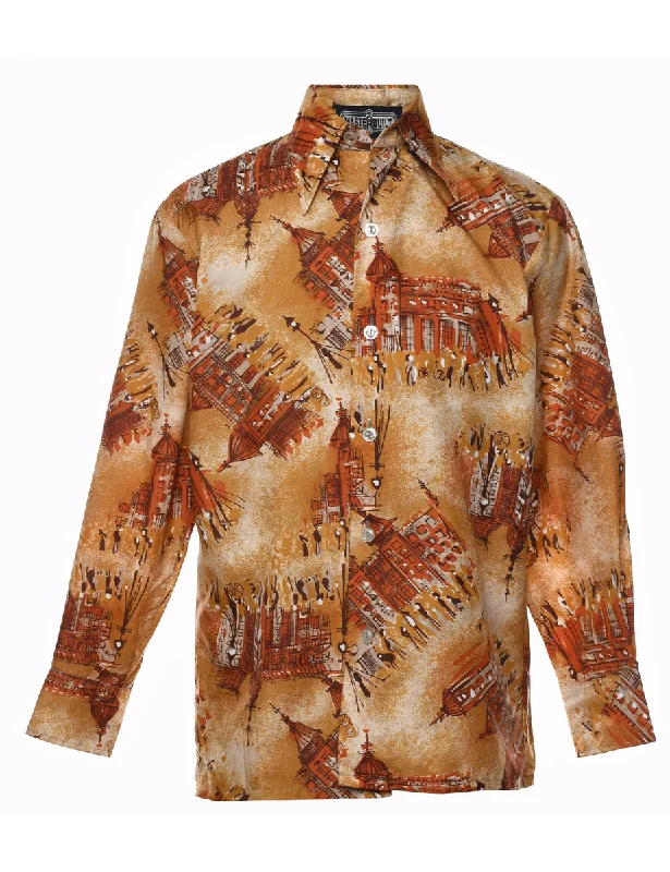 1970s Light Brown & Orange Printed Shirt - S