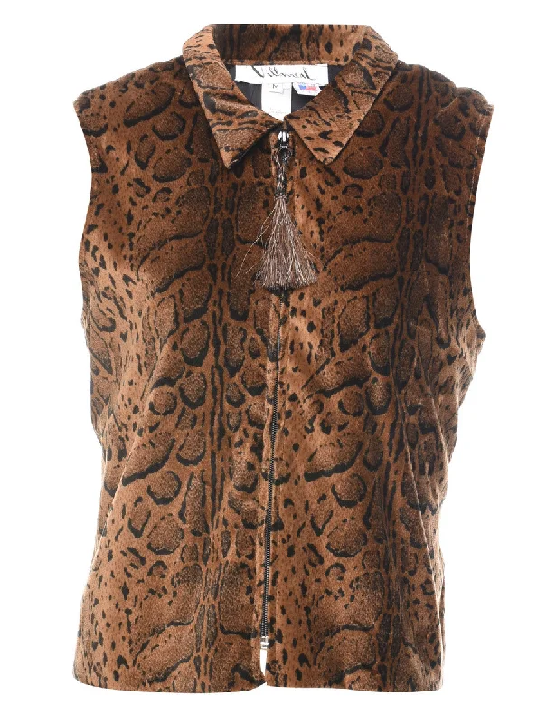 1990s Brown & Black Animal Print Zip-Front Waistcoat  - M