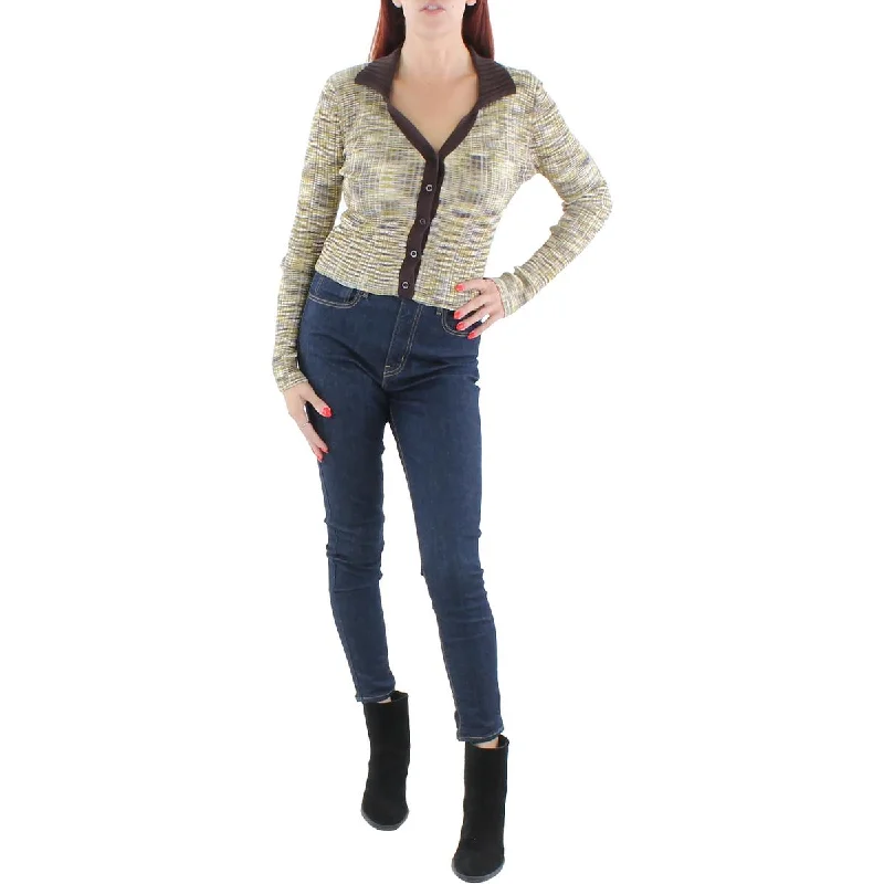 Hooked Up Womens Ribbed Collared Cardigan Sweater