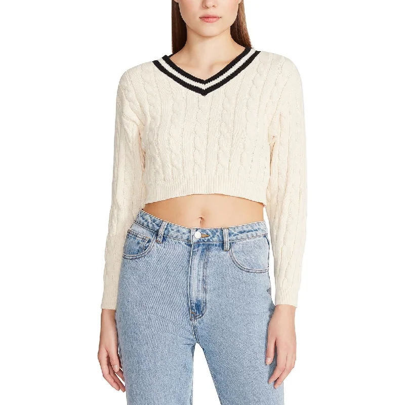 Steve Madden Womens Amika Cable Knit Ribbed Trim V-Neck Sweater